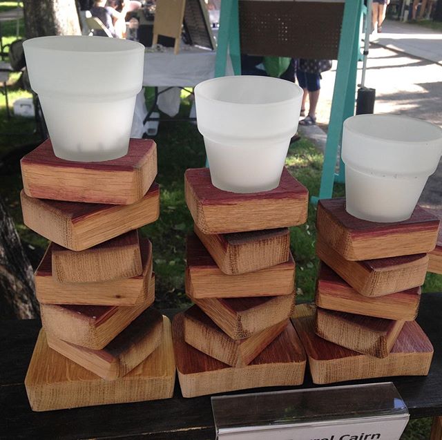 We call this set of three votives, wine barrel cairns. It's important to us to create original pieces and we love working with the materials we harvest from retired wine & whiskey barrels. Come to Pioneer Park and eat, drink & shop local!