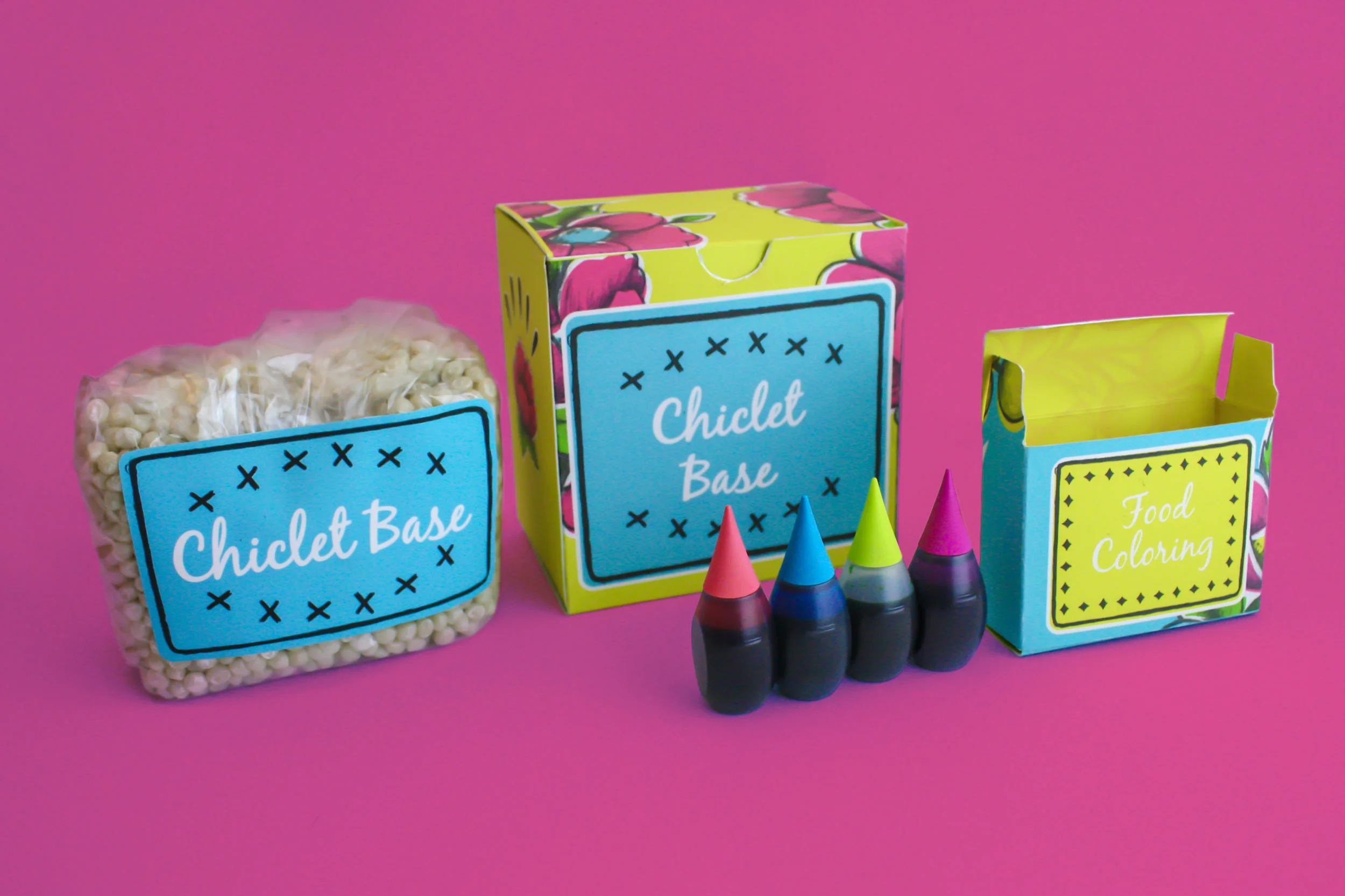 CHICLE ART KIT ITEMS INCLUDES THE CHICLE BASE, FOOD COLORING, AND JARS TO MELT THE CHICLE