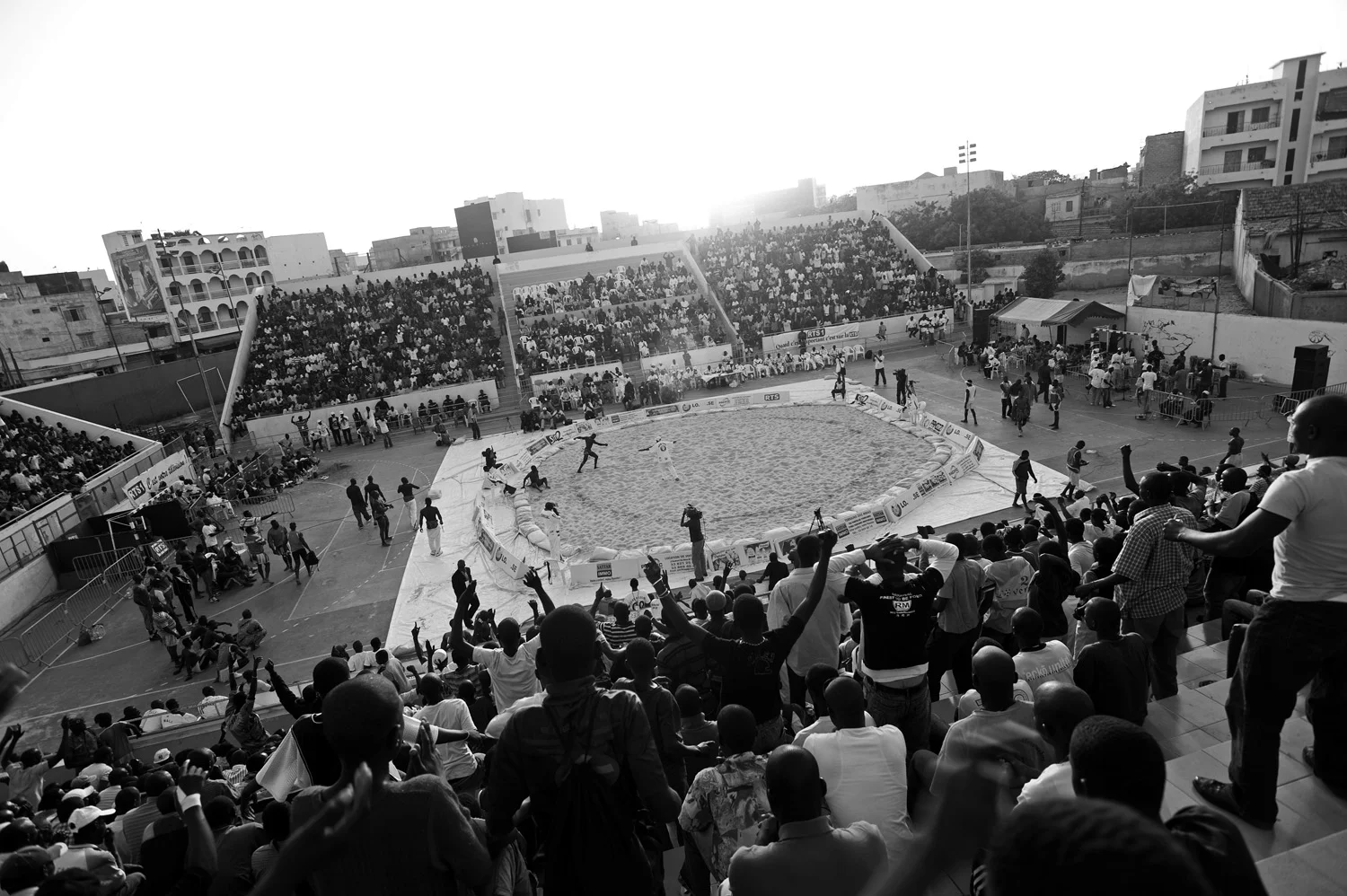 The view through the cheering crowd during a wrestling match in Dakar, Senegal.