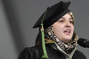In the picture: ETI's STEM Curriculum Coordinator Dr. Mona Minkara gives her commencement speech at Wellesley College.
