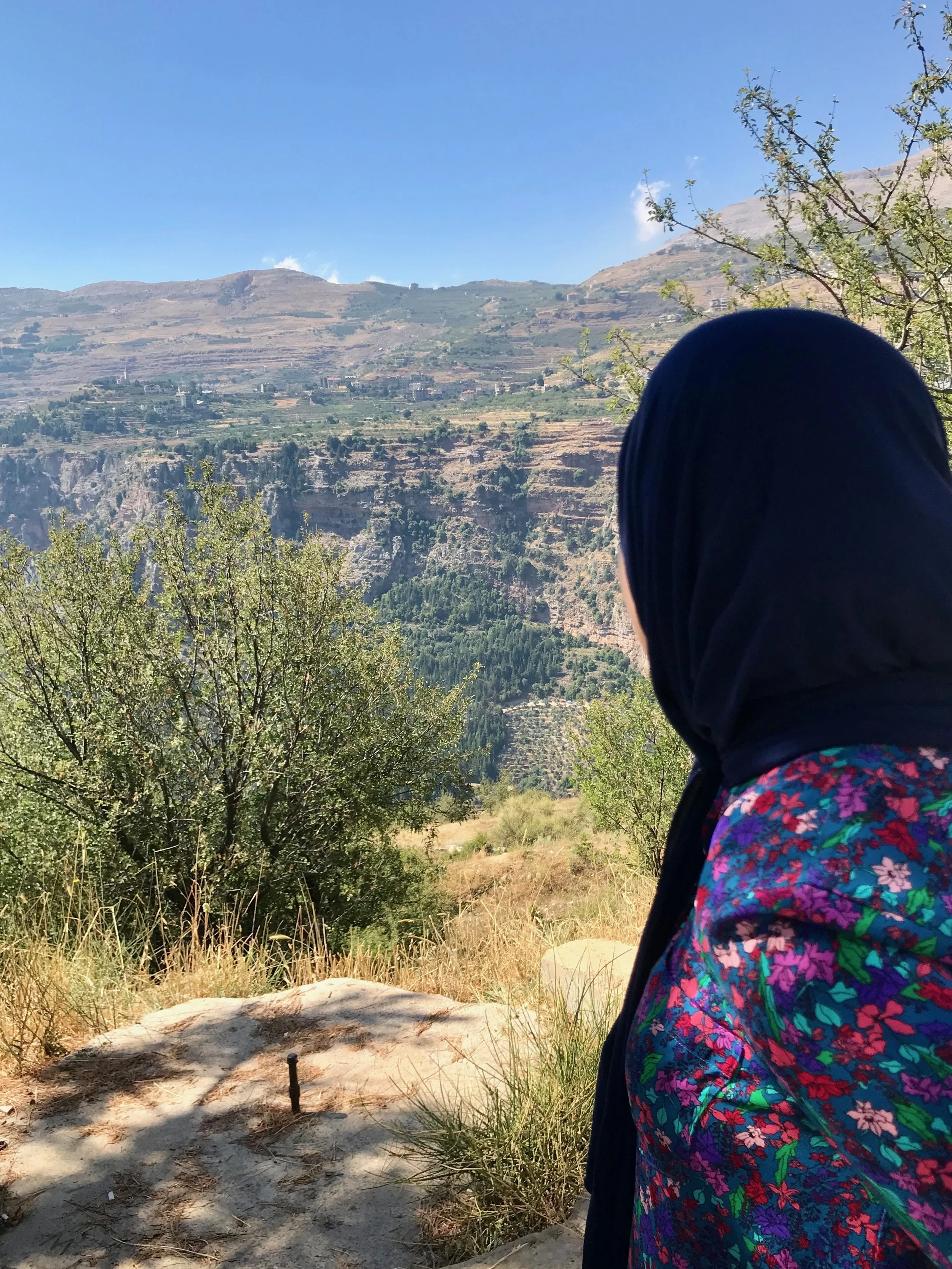 A woman looks out over a rocky valley. She wears a colorful blue jacket with pink and blur flowers.