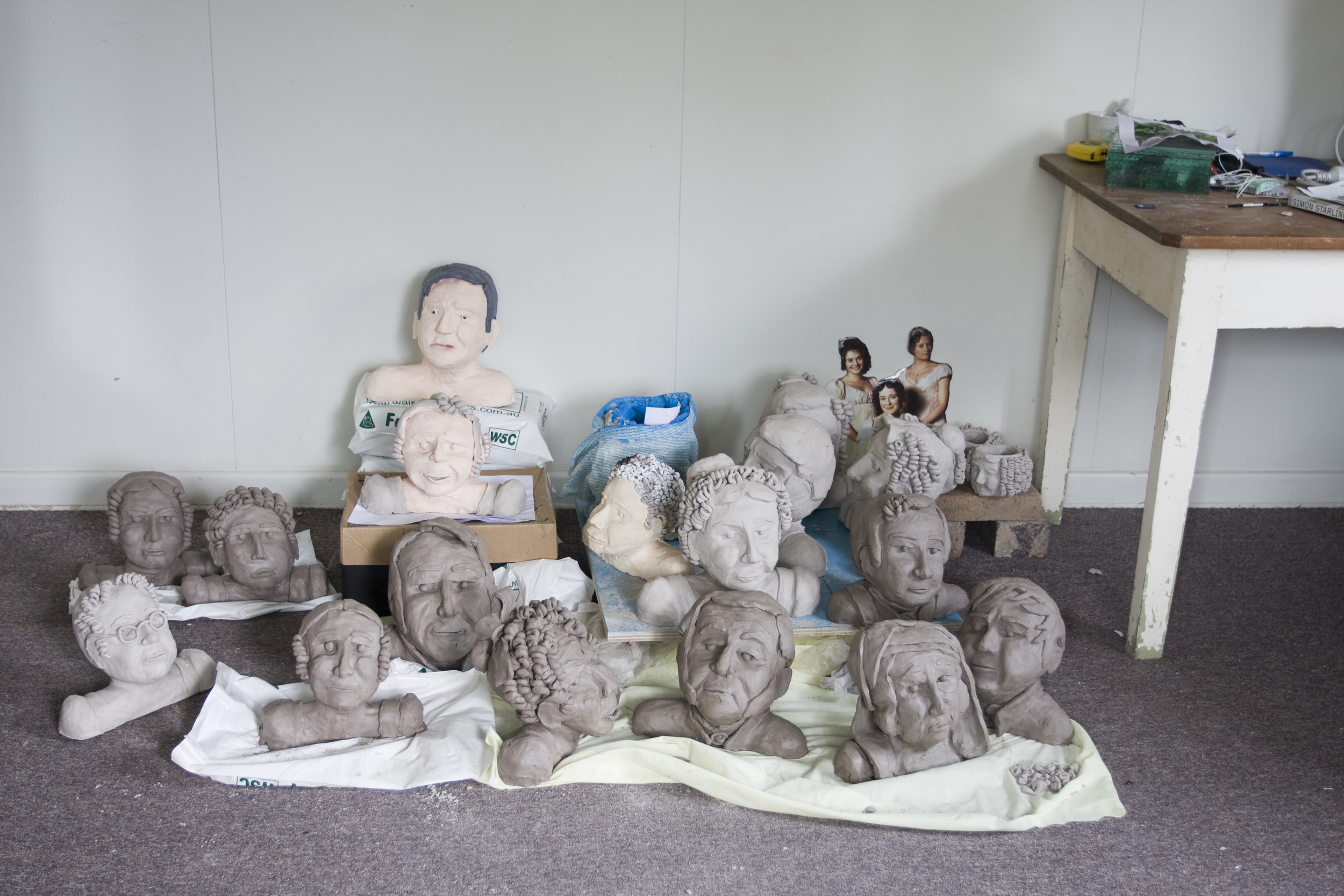   Clay Busts of Characters from the 1995 BBC version of Pride and Prejudice ( construction trial), clay and acrylic. 