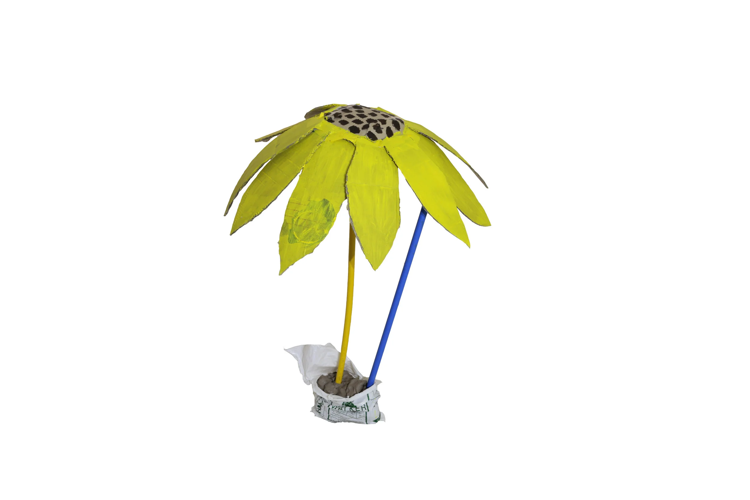 Sunflower, carboard, acrylic, clay, tape and metal poles.