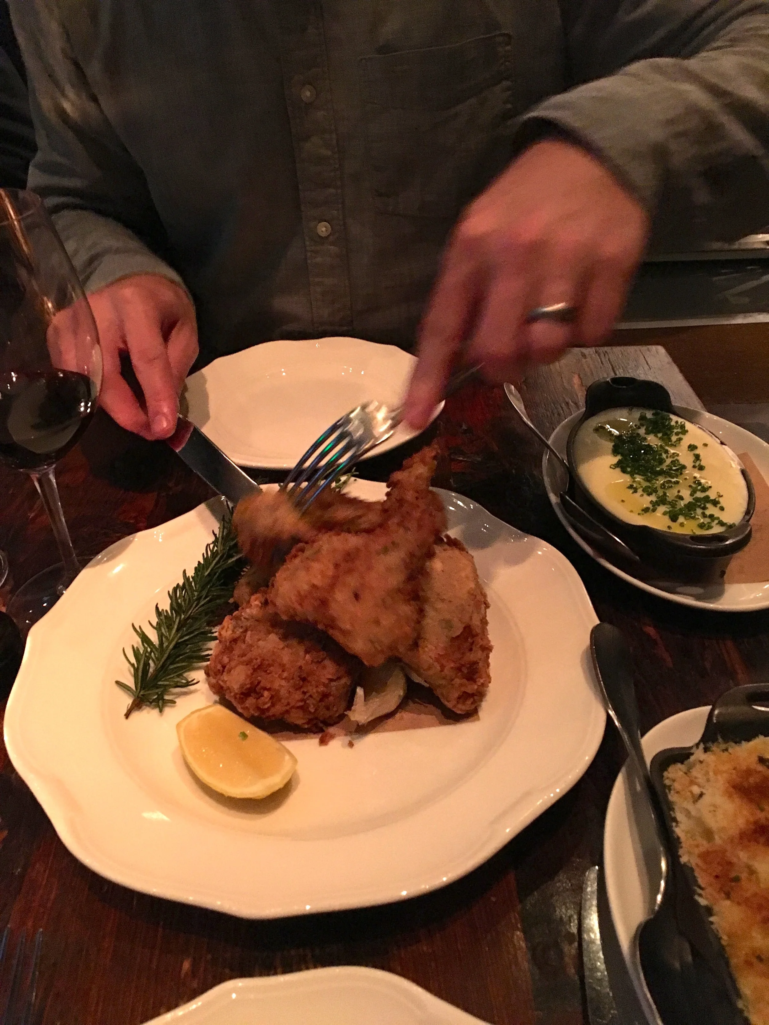 Fried chicken, mashed potatoes, and macaroni and cheese. We didn't end up liking the fried chicken that much, but it didn't matter everything else was so delicious that were so full and happy when we left. 