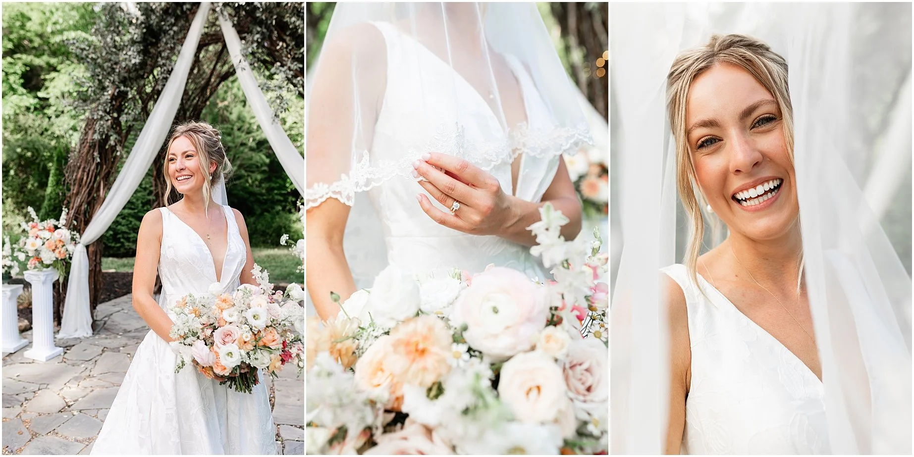 bridal photos summer wedding color palette of soft pink and peach and white