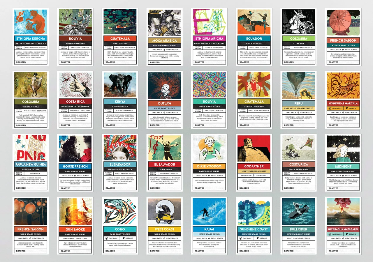 To develop a varied family of labels, we worked with illustrators such as Sebastian Alonso, Kristina Baumgartner, Trent Breitkreutz, Laurence Francis, Edward Kwong, Julie McLaughlin, Gabriele Quartero, Marc Rimmer, and Adam Waito.
