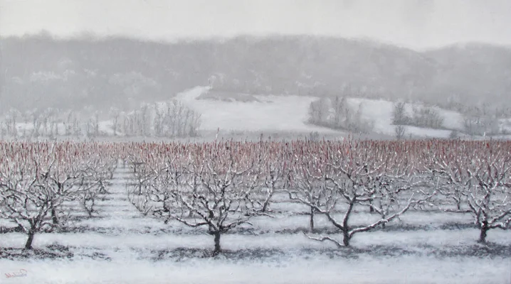 a trillion buds, 18 x 32 in, oil on canvas. Painting by Reinhold Schwenk.