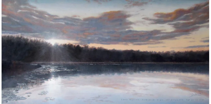 lake warren, 18 x 36 in, oil on canvas. Painting by Reinhold Schwenk.