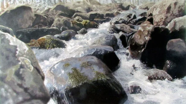 rolling rocks, 27 x 48 in, oil on linen. Painting by Reinhold Schwenk.