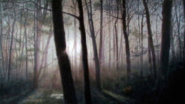 early fog, 18 x 32 in, oil on linen. Painting by Reinhold Schwenk.