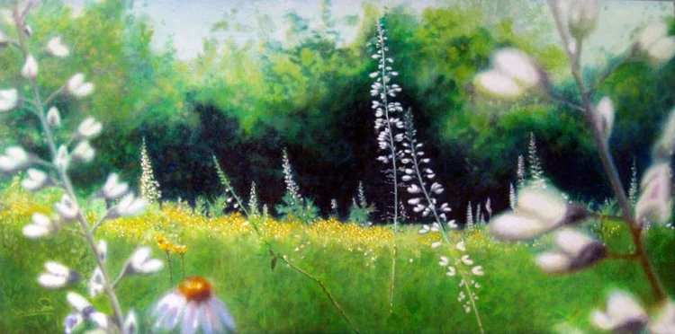 please don’t mow the field, 18 x 36 in, oil on canvas. Painting by Reinhold Schwenk.