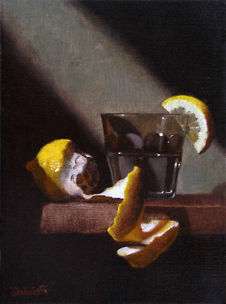 our daily water, 9 x 12 in, oil on linen. Painting by Reinhold Schwenk.