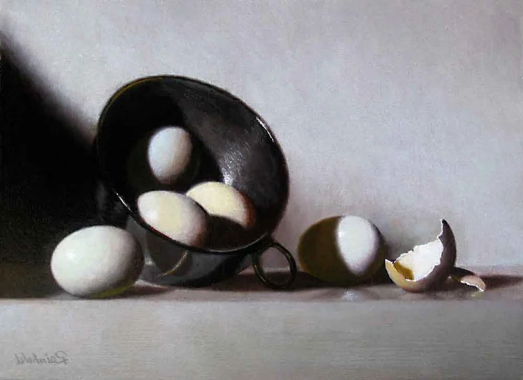 break an egg, 9 x 12 in, oil on linen. Painting by Reinhold Schwenk.