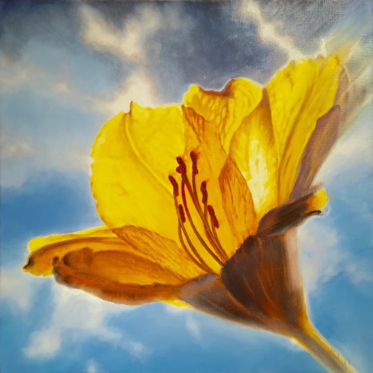 yellow with envy, 20 x 20 in, oil on canvas. Painting by Reinhold Schwenk.