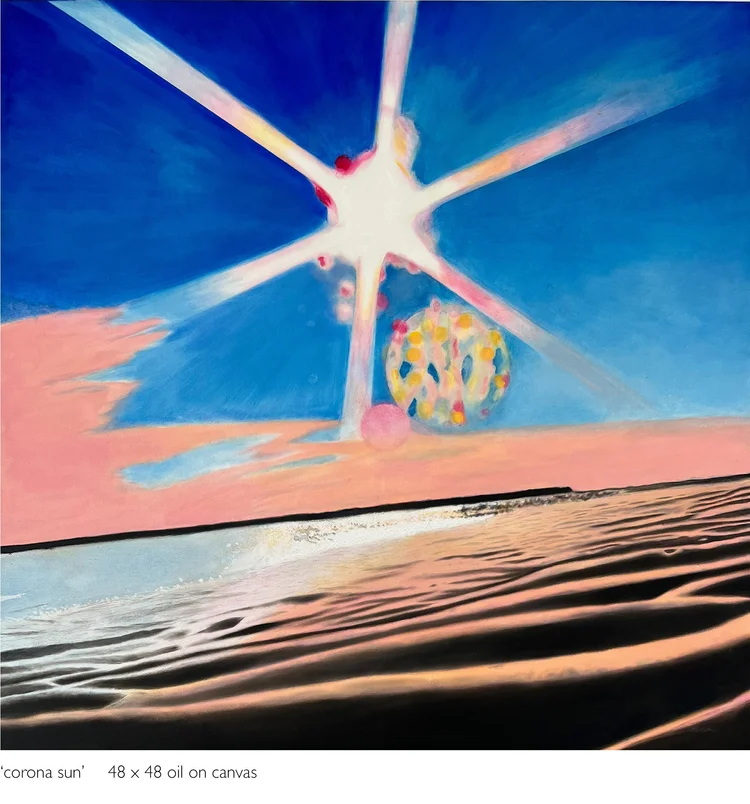 corona sun, 48 x 48 in, oil on canvas. Painting by Reinhold Schwenk.