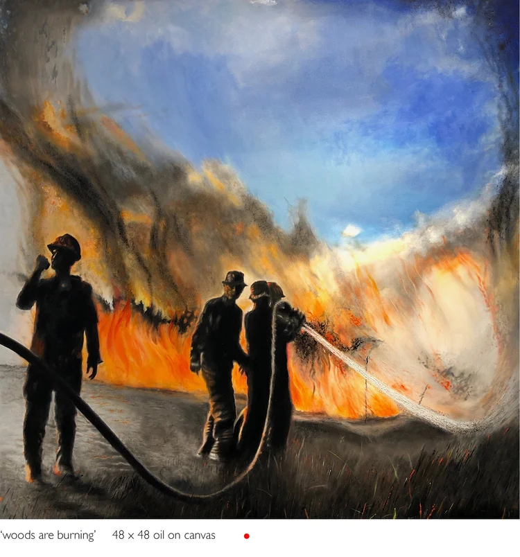 woods are burning, 48 x 48 in, oil on canvas. Painting by Reinhold Schwenk.