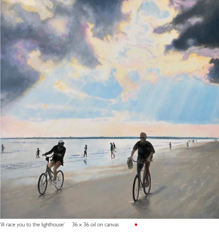 i'll race you to the lighthouse, 36 x 36 in, oil on canvas. Painting by Reinhold Schwenk.