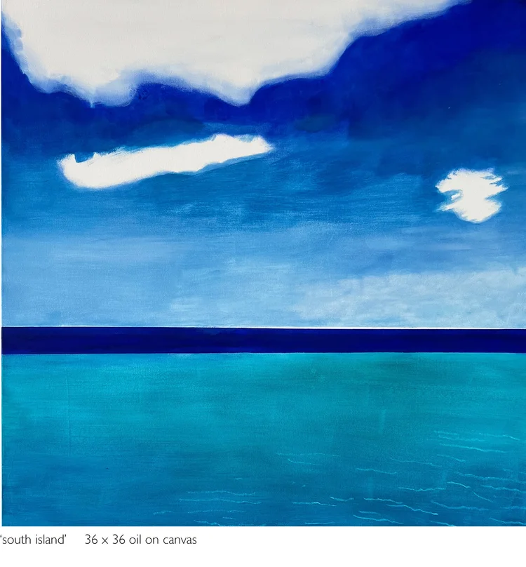 south island, 36 x 36 in, oil on canvas. Painting by Reinhold Schwenk.