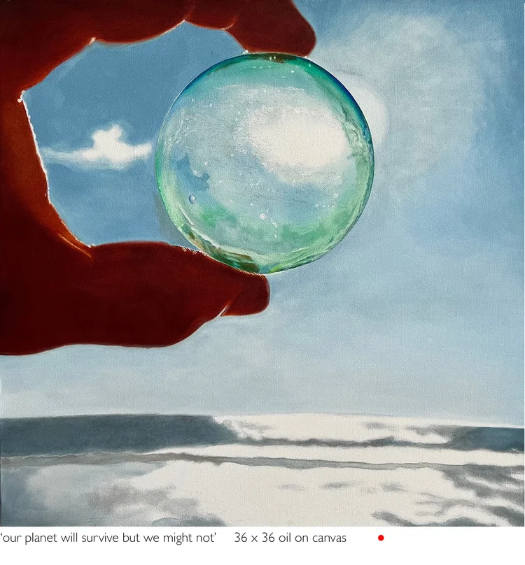 our planet will survive but we might not, 36 x 36 in, oil on canvas. Painting by Reinhold Schwenk.