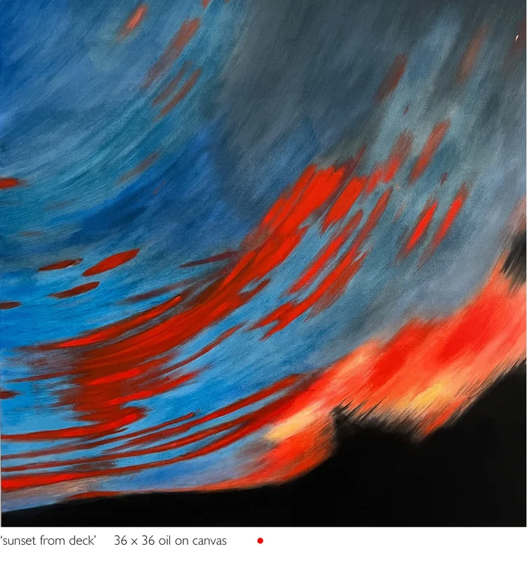 sunset from deck, 36 x 36 in, oil on canvas. Painting by Reinhold Schwenk.