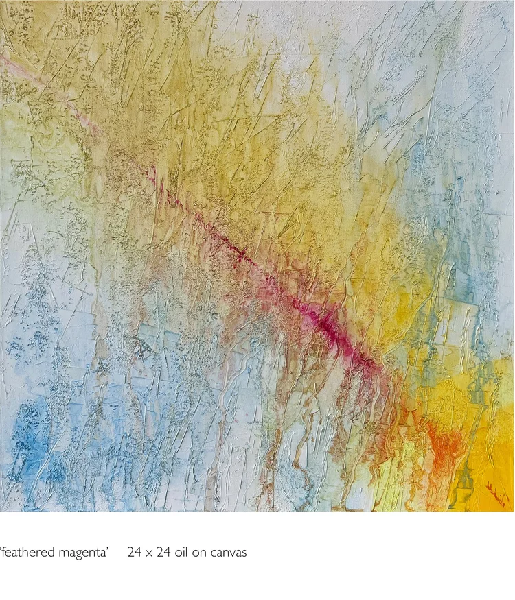 feathered magenta, 24 x 24 in, oil on canvas. Painting by Reinhold Schwenk.
