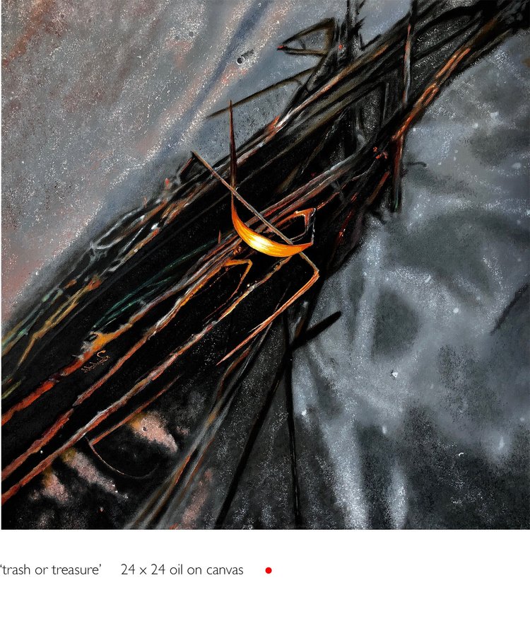 trash or treasure, 24 x 24 in, oil on canvas. Painting by Reinhold Schwenk.