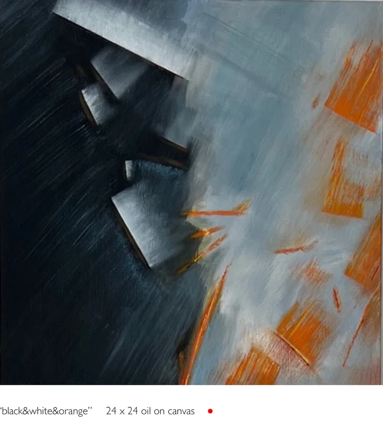 black & white & orange, 24 x 24 in, oil on canvas. Painting by Reinhold Schwenk.