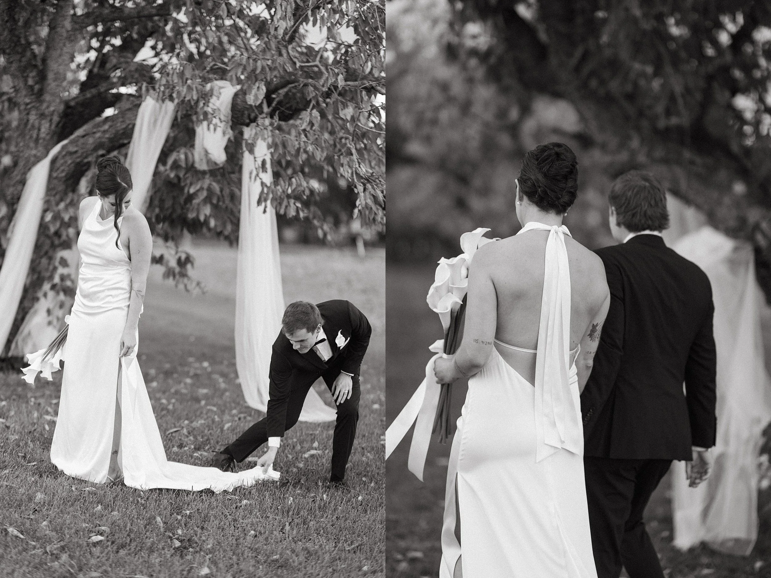 newlyweds in an orchard