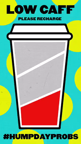 To identify with users' emotions and promote sharing, companies create and include Snaps like these on their Discover channel between content. "Low caffeine, please recharge." #humpdayprobs = middle-of-the-week Wednesday problems.