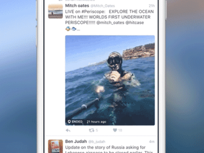 Periscope live streams allow for direct embedding into tweets, so Twitter followers can see it directly in their timeline. (Image from CNET )