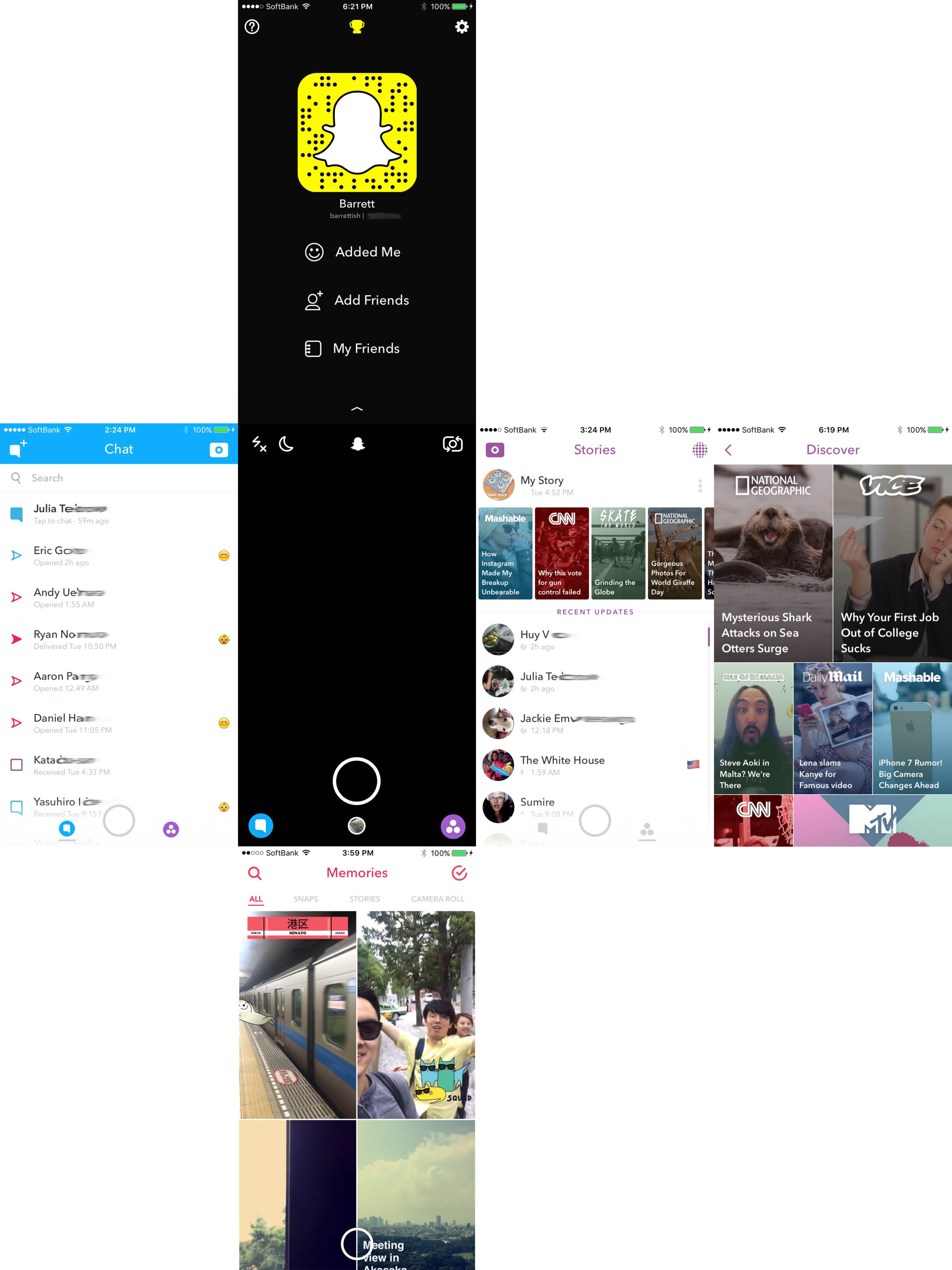 Snapchatのアプリ画面:中央の撮影画面を起点に上下左右にスワイプするとそれぞれの画面に遷移する。