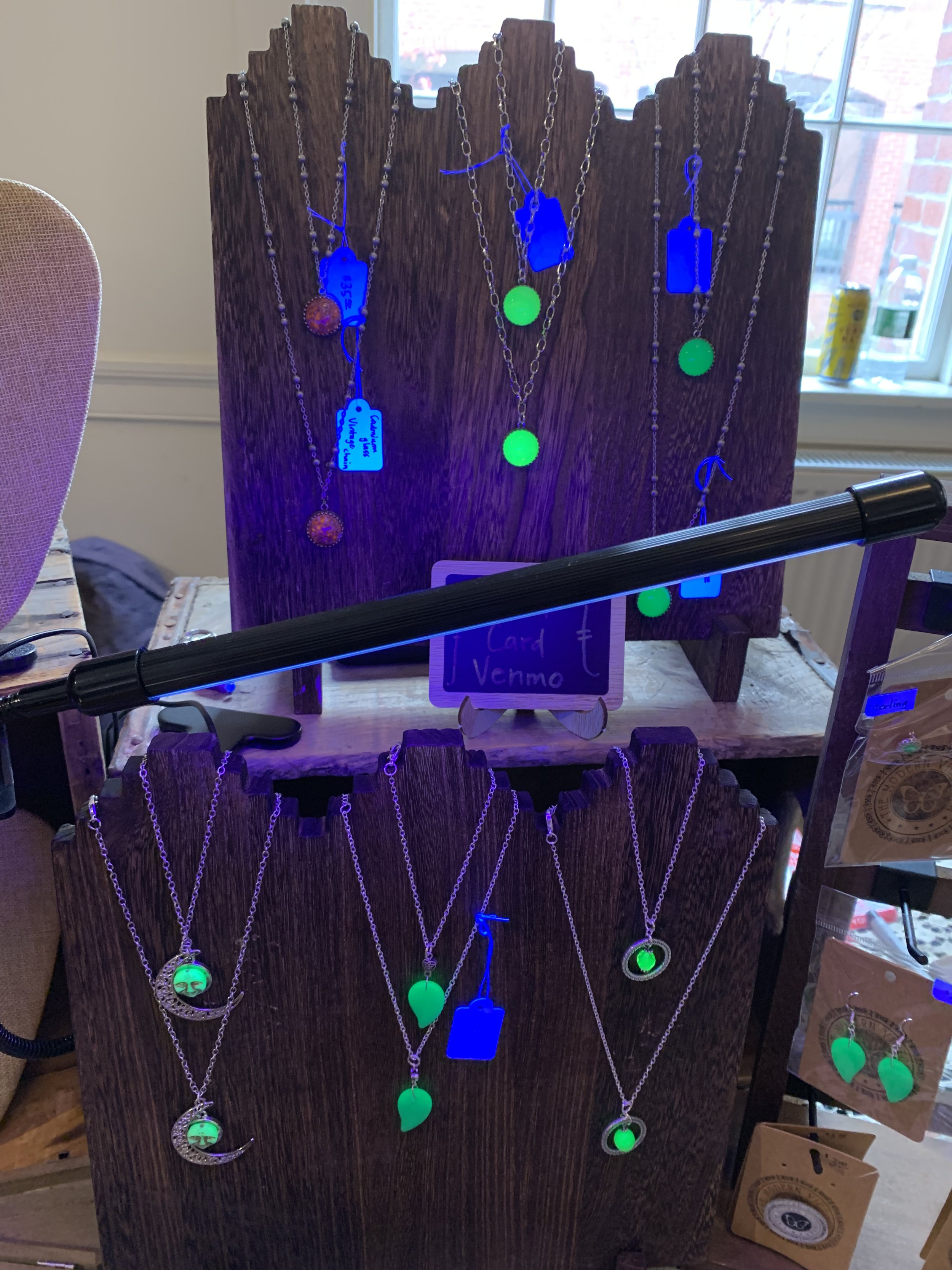 Uranium glass display at the Grave Tidings Market in Salem, MA