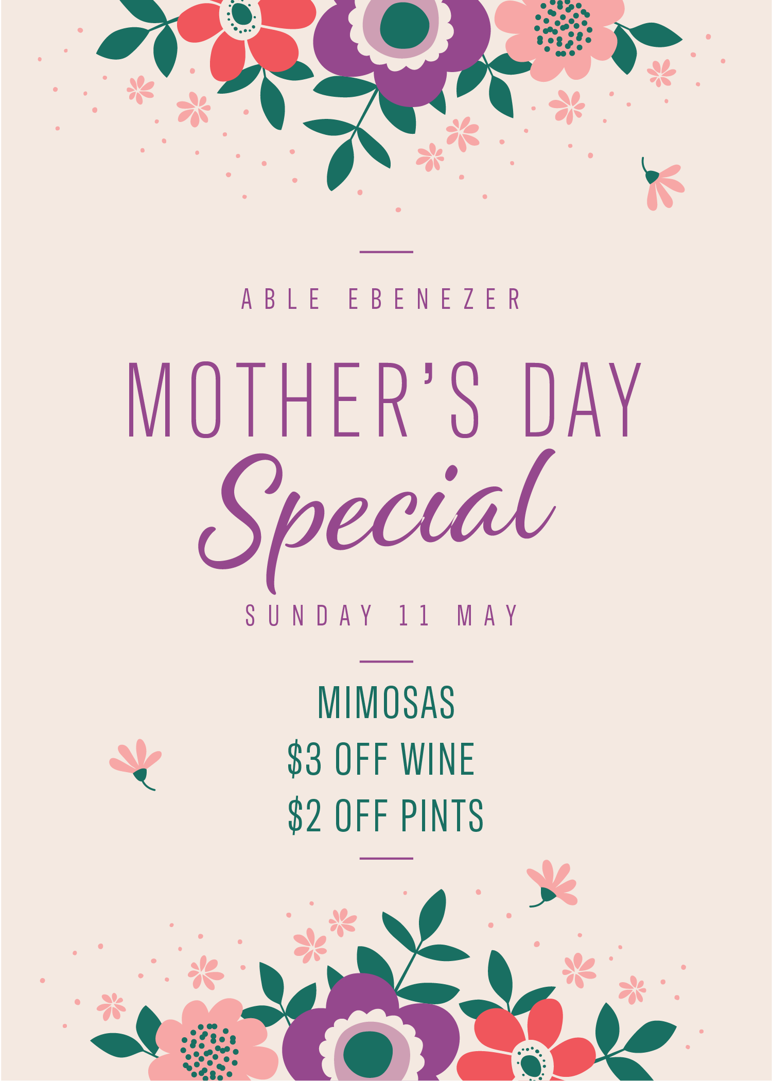 Mother's Day Special - Mimosas | $3 Off Wine | $2 Off Pints