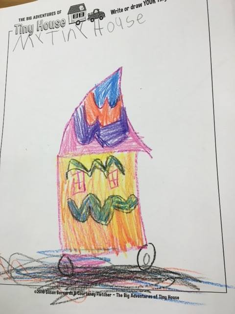 A kiddo's cute drawing of their dream tiny house on "The Big Adventures of Tiny House" coloring sheet