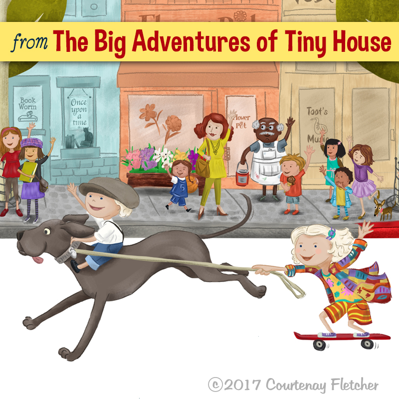 Illustration of Macy Miller's great dane and adorable children from "The Big Adventures of Tiny House" by Courtenay Fletcher