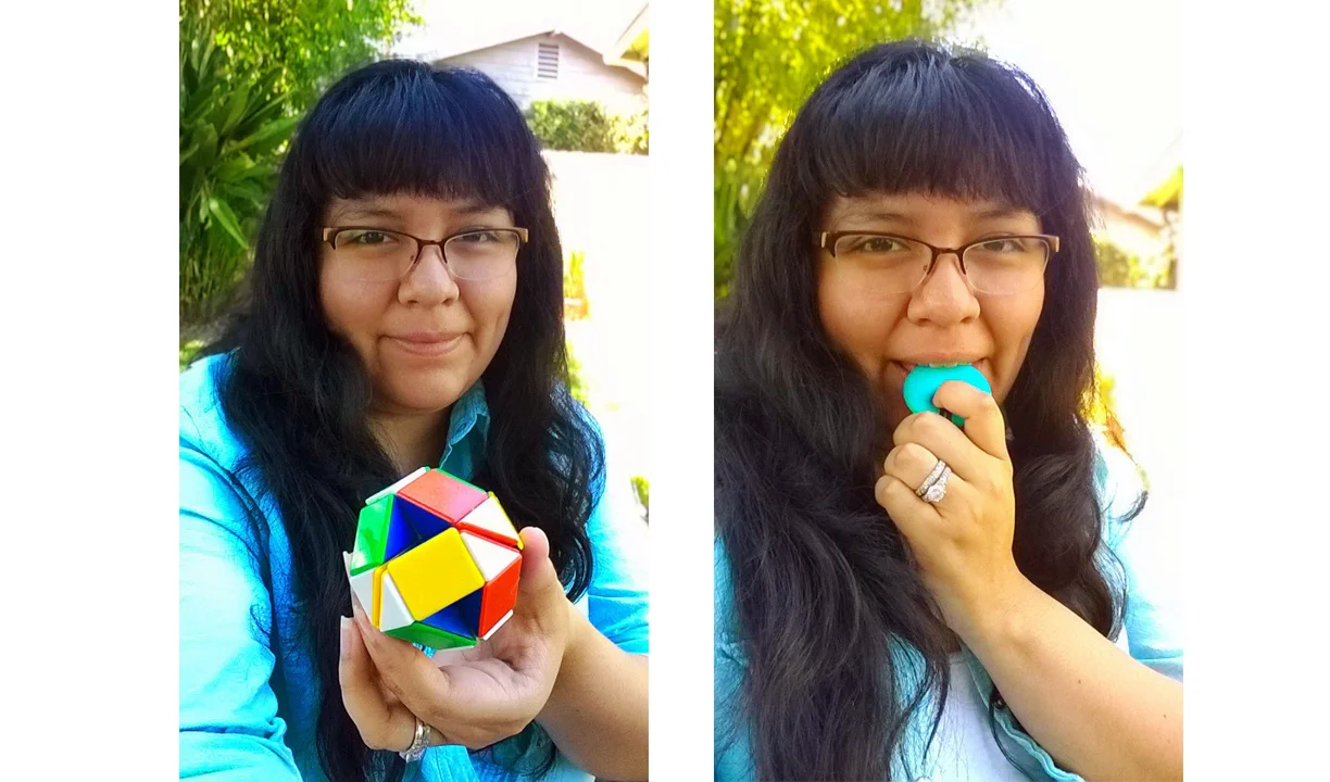 Yvonne, with a snake puzzle fidget and a chewable annular pendant