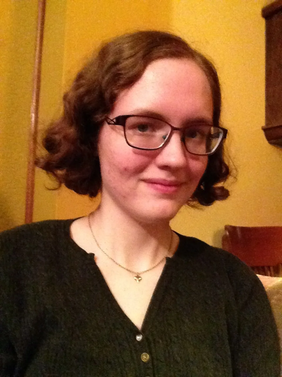 Photo Description: A photo of a light skinned person with short wavy brown hair. They are wearing dark framed glasses and a small gold heart necklace. Their face is soft and they're smirking at the camera, looking directly into it.