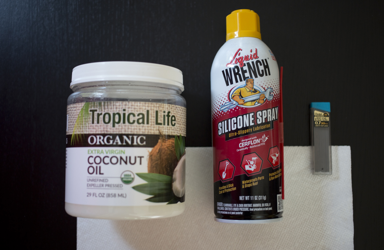 Sample lubricants: coconut oil, automotive silicone spray, pencil leads