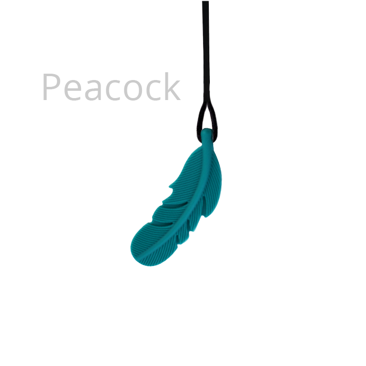 a bluish green feather labeled peacock