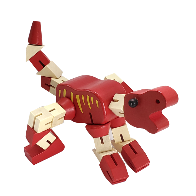 Dinosaur has a red body with yellow tiger stripe style markings. The neck and front legs are short, while the back legs are slightly longer than the tail.