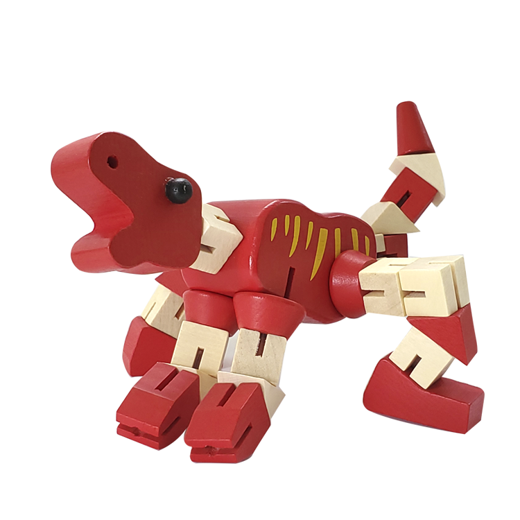 Red dino posed at a 3/4 angle to the camera in a lunging position, with the back legs out to the side and the front claws down on the ground. The neck and head are outstretched to the front.