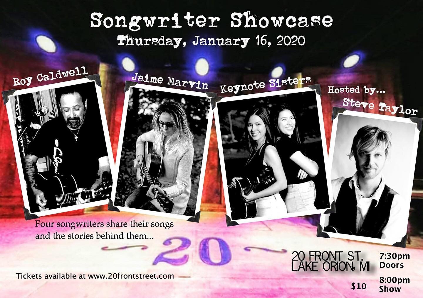 This Thursday I will be joining Roy Caldwell, the Keynote Sisters, and Steve Taylor in a songwriters round at 20 Front Street in Lake Orion... they are a lot of fun and you always get a cool, interesting variety of different styles of music... so com