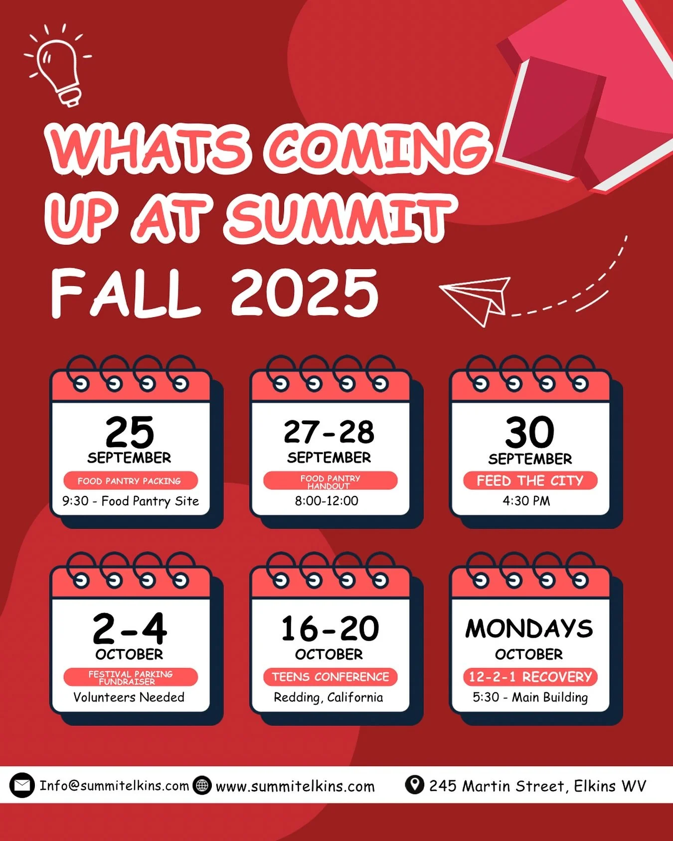 A lot coming up, plenty of ways to serve! #summitelkins #serveothers #bethechurch