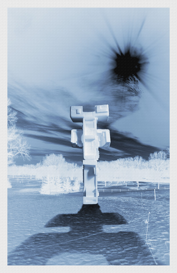 White Man goes up fast, holds it upside down, falls hard (Objibwe) archival pigment on aluminum, 24" x36", 2010