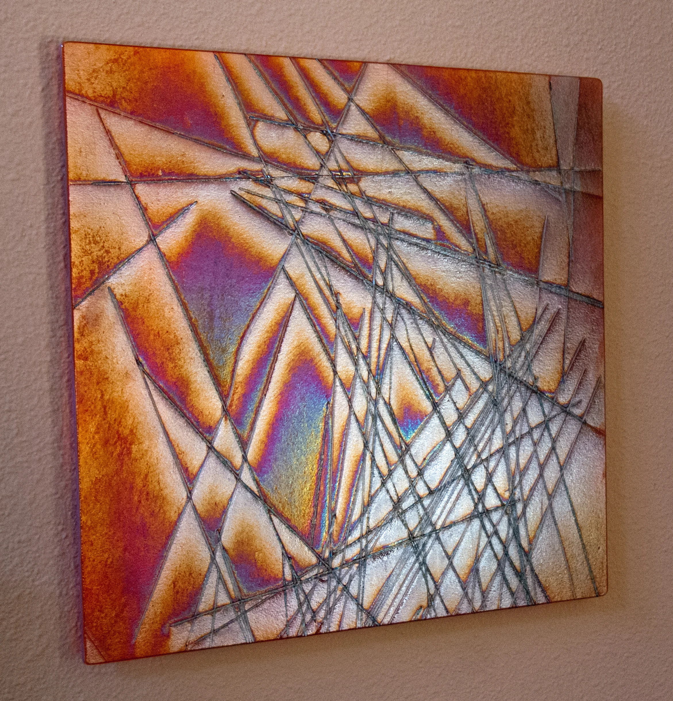 Geometric Sequence 17"x17", .75 offset iridescent fused glass and stringers 