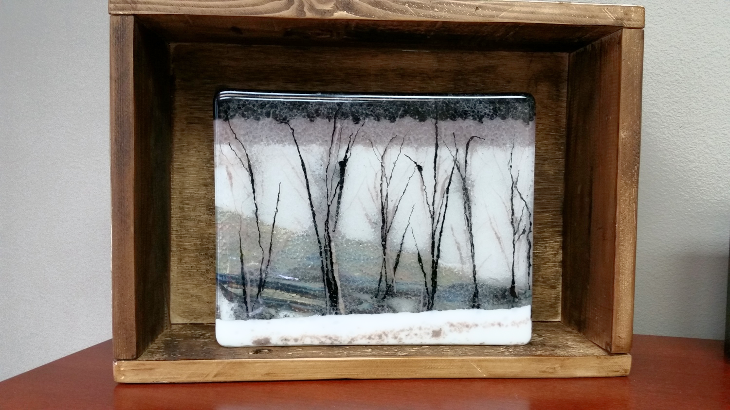 Methow Valley Winterscape 8.25"x 10.25"x.5" fused glass & frit, mounted in 11.5"x16"x4.5 antique barn wood box