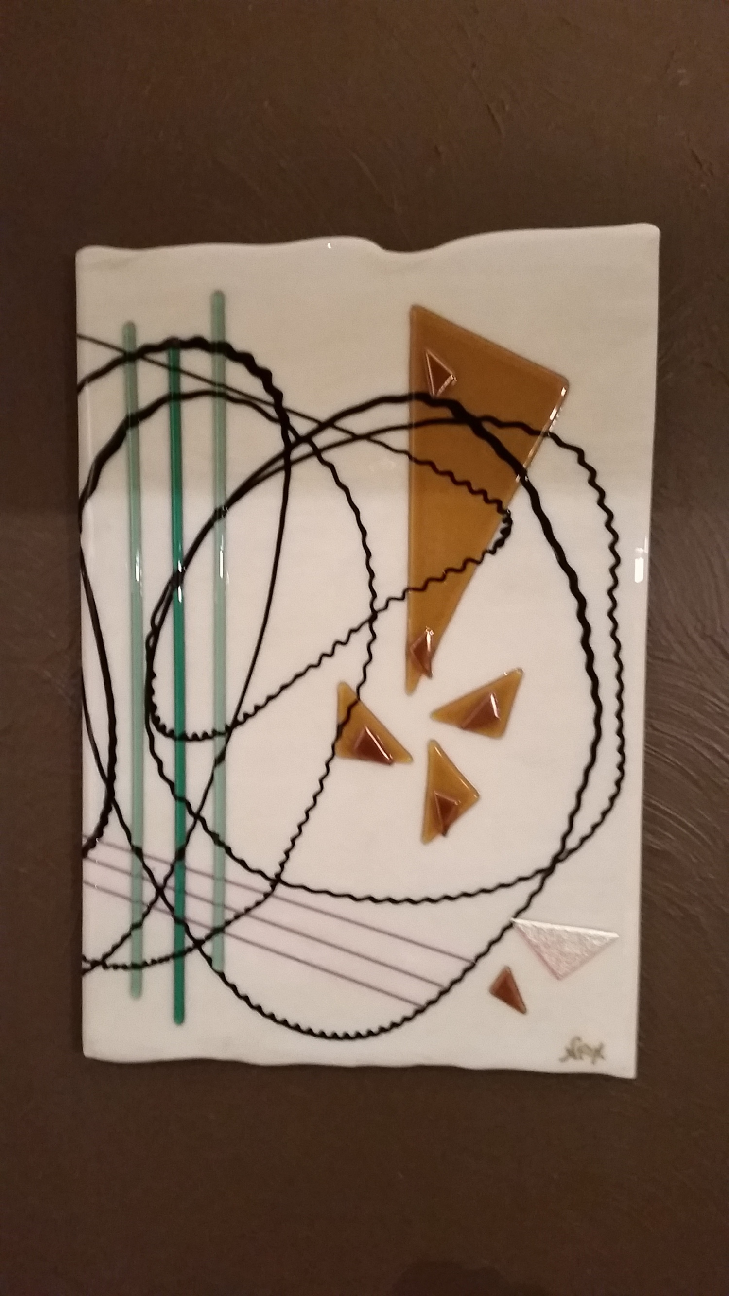 Symphonic Percussion 14"x20.5"x.5" fused glass with tacked elements