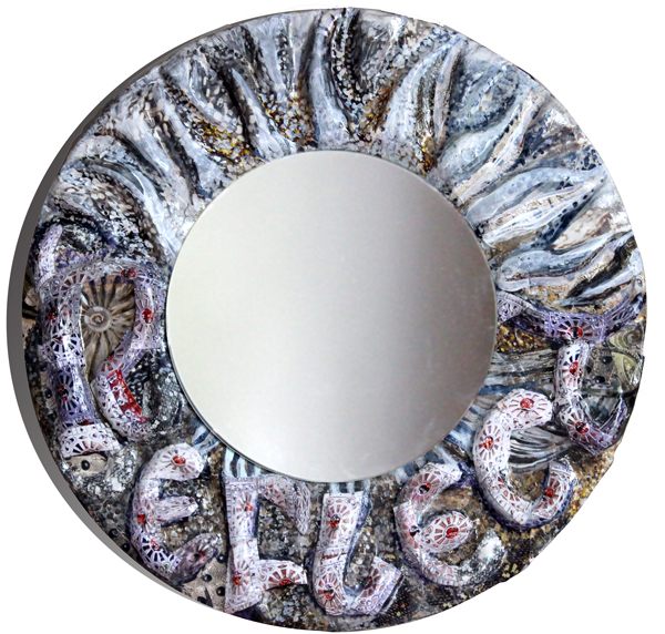 Mirror - Reflectmixed media on wood,&nbsp;collage, paperclay, paper mache -&nbsp;acrylic paint&nbsp;10" x 10"
