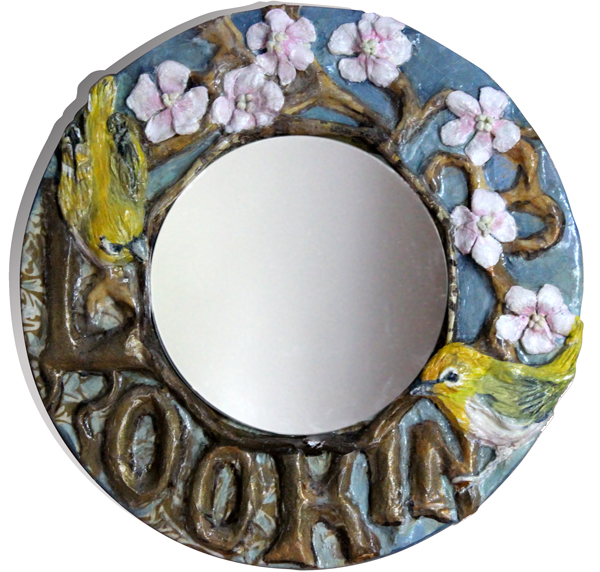 Mirror - Look Inmixed media on wood,&nbsp;collage, paperclay, paper mache -&nbsp;acrylic paint&nbsp;10" x 10"