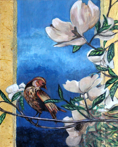 Deco Bird IImixed media on wood panel,&nbsp;collage, acrylic paint&nbsp;8" x 10"